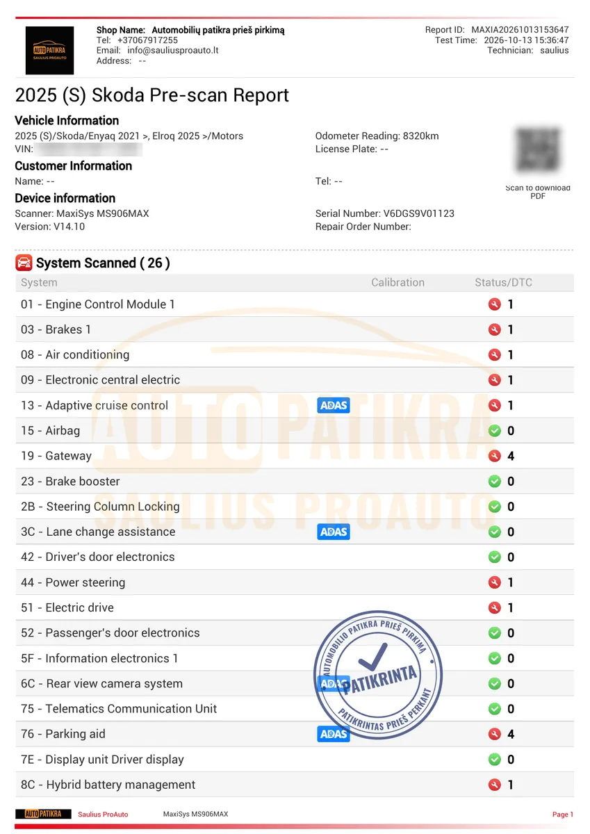 Škoda Elroq 2025 – first page of the diagnostics report