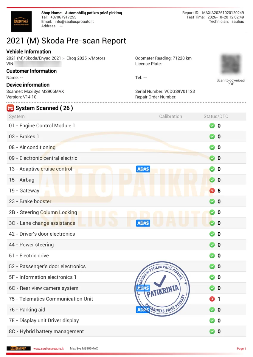 Škoda Enyaq 2021 – first page of the diagnostics report