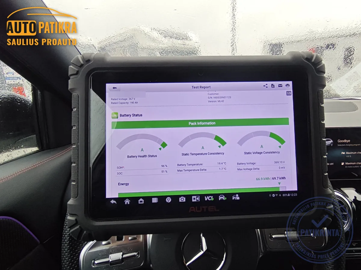 SOH test result – Mercedes-Benz EQA battery health 96%, 0 mV voltage delta