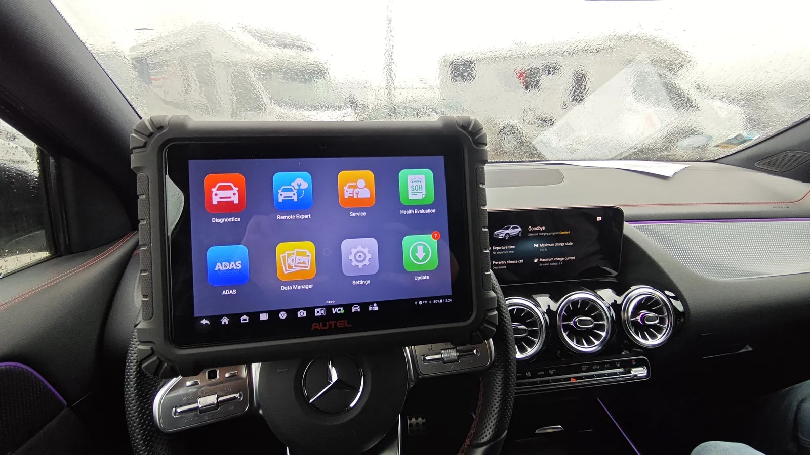 SOH test – Autel tablet connected to a Mercedes-Benz EQA electric car