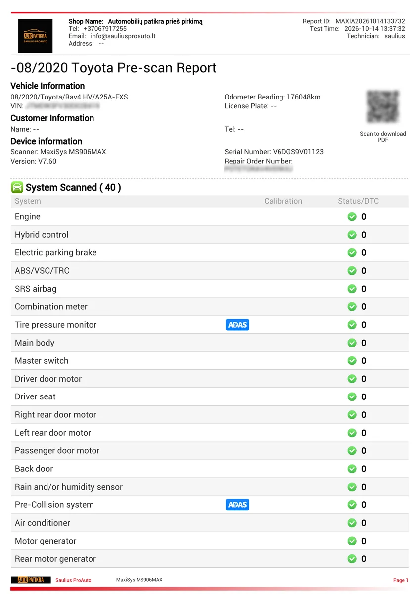 Toyota RAV4 Hybrid diagnostikos ataskaitos pirmas puslapis